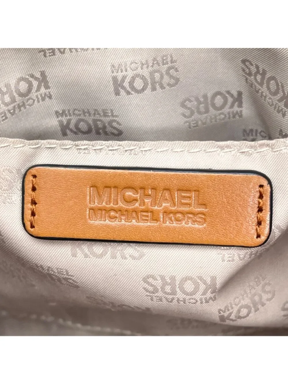 Michael Kors MK Logo Canvas Tote Bag Adjustable Leather Straps Beige Brown Gold